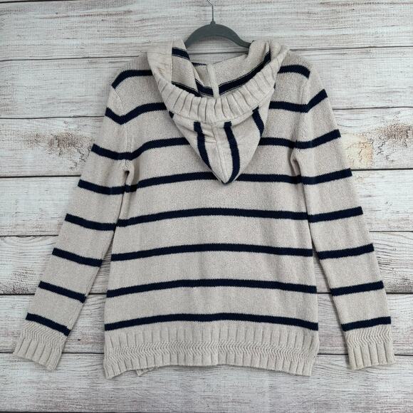 Faherty Kent Striped Hoodie Sweater Womens XS Ivory Blue Tassled Drawstring - Picture 2 of 13